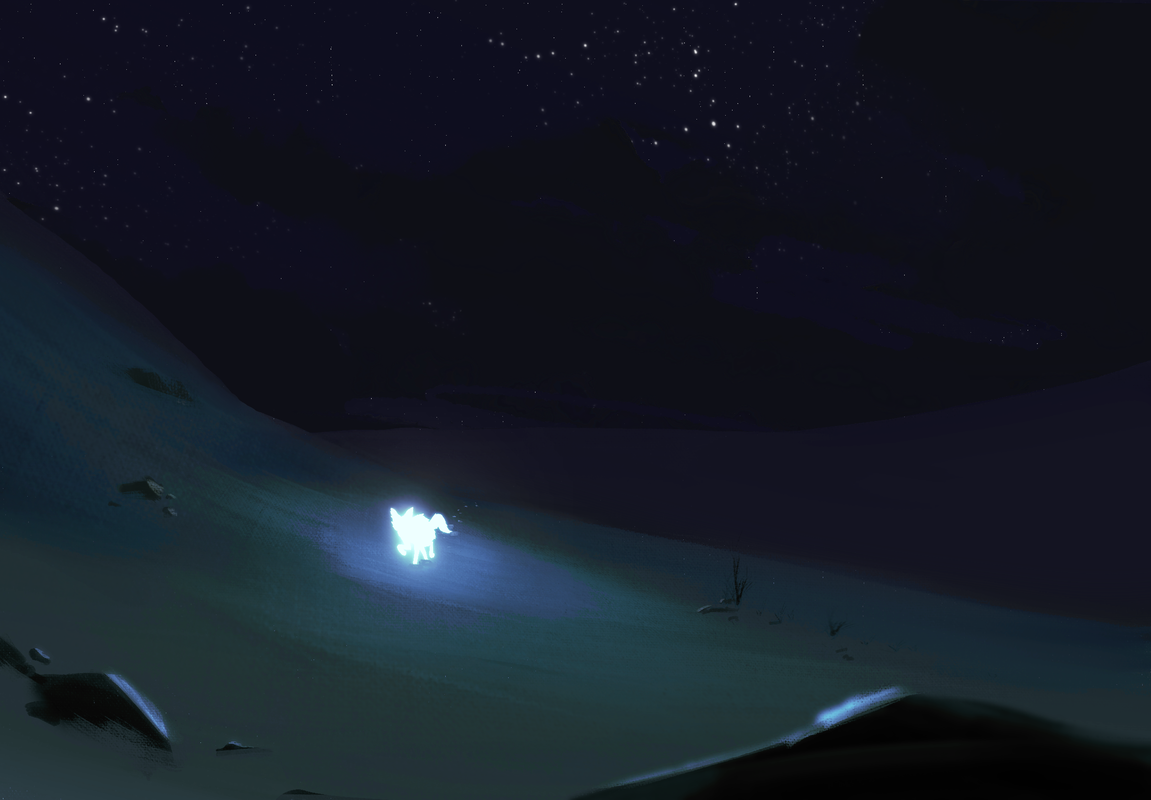 A digital painting of a hilly, snowy landscape, mostly barren but with a few rocks scattered about, as well as a small bit of shrubbery.  On the nearest hill to the viewer walks a fox, heading in the direction of the viewer, who is glowing an extremely bright blue, lighting up the snow and rocks around them.  There are broken up clouds in the night sky, revealing many stars between them